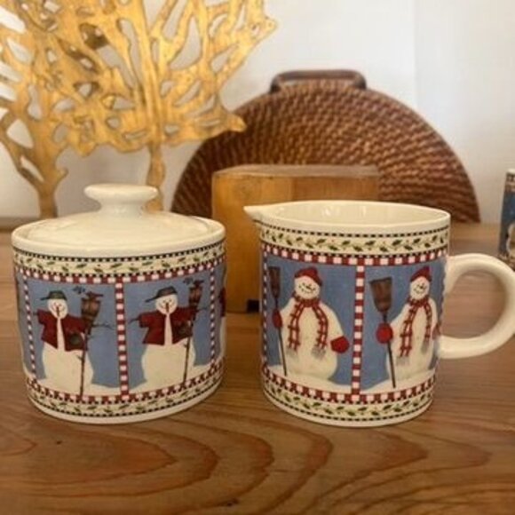 Sakura Snowmen Creamer & Sugar Bowl Set Debbie Mumm Winter Vintage Christmas - Picture 1 of 8